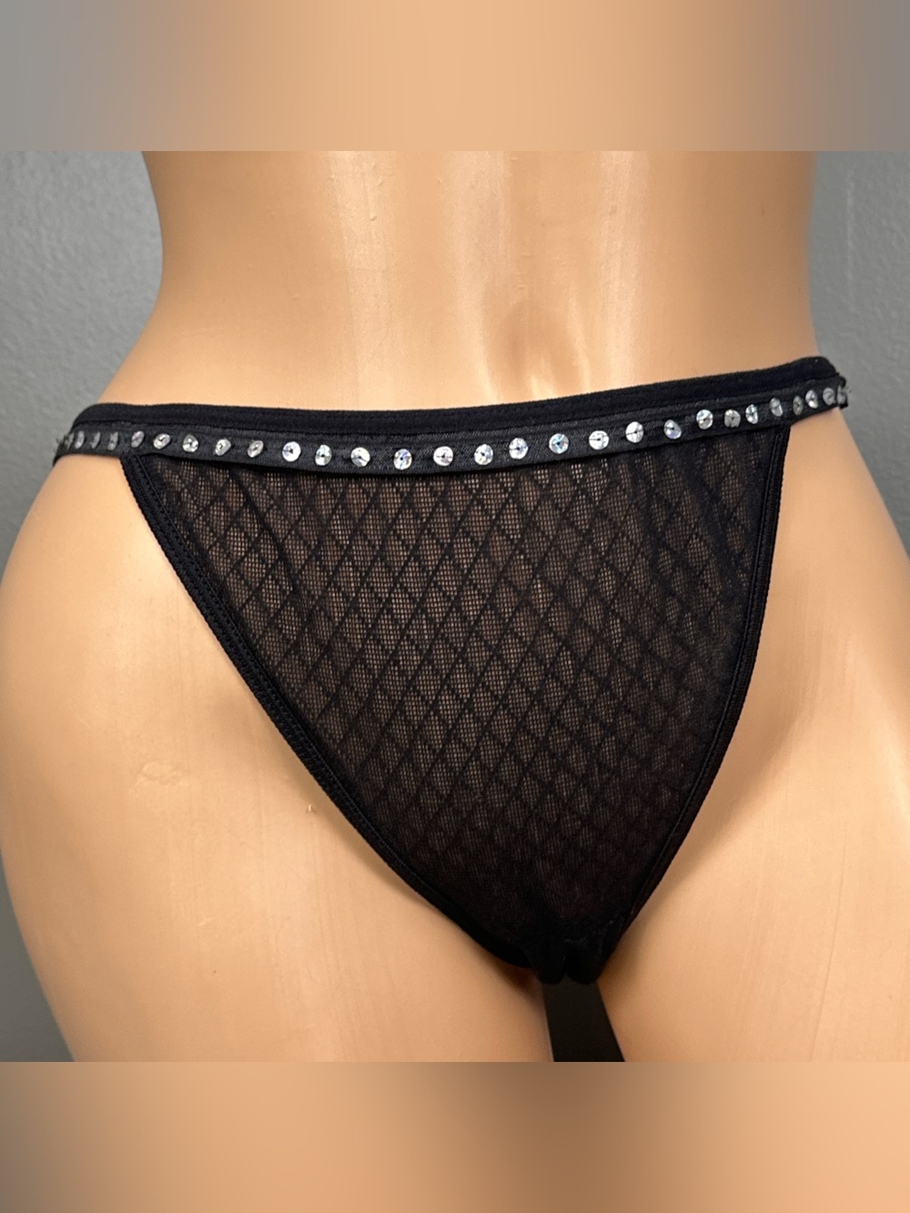 Vintage Fashion Bug String Bikini Panties Size 9 100% Nylon Sequin Sheer Black